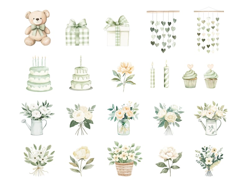 Puede incluir: Ilustraciones en acuarela de varios art&iacute;culos de fiesta y regalo. Incluye un oso de peluche, regalos envueltos, guirnaldas de corazones, pasteles de varios pisos, cupcakes, velas y arreglos florales en tonos suaves de verde, blanco y amarillo.