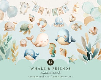 Little Whale Baby Shower Clipart Set | Watercolor Whale and Friends PNG Bundle, Under the Sea Nursery Decor, Undersea Wall Art | Cute Ocean