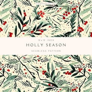 Holly Seamless Pattern | Vintage Winter Berries | Repeating Pattern | Retro Christmas Design | Background Digital Paper | Fabric Print