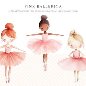 May include: Three watercolor illustrations of ballerinas wearing pink tutus. The ballerinas have different hair colors and skin tones.