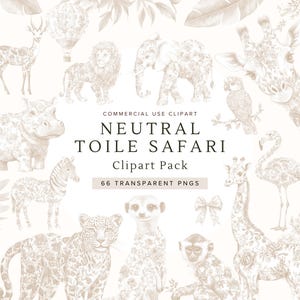Toile-safaridieren beige clipart | Genderneutraal chinoiserie-ontwerp, jungle-thema png, decor kinderkamer, babyshowerideeën, digitale download