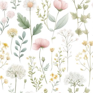 May include: Watercolor illustration of various flowers and foliage in soft pastel colors. The image features daisies, pink poppies, and delicate sprigs of greenery, all set against a white background. The floral elements are arranged in a scattered pattern.