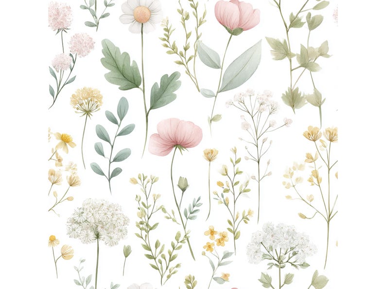 May include: Watercolor illustration of various flowers and foliage in soft pastel colors. The image features daisies, pink poppies, and delicate sprigs of greenery, all set against a white background. The floral elements are arranged in a scattered pattern.