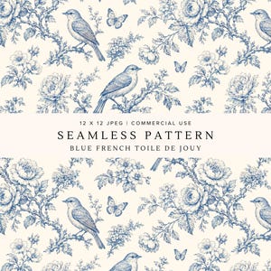 Pode incluir: Um padrão sem costuras com um design azul de toile de Jouy francês sobre um fundo creme. A estampa exibe pássaros pousados em ramos floridos, intercalados com borboletas. O texto diz: 12 X 12 JPEG | COMMERCIAL USE SEAMLESS PATTERN BLUE FRENCH TOILE DE JOUY.