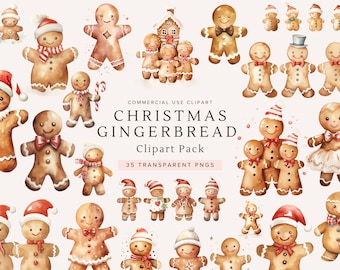 May include: A digital collection of watercolor gingerbread cookie illustrations featuring various characters wearing Santa hats, scarves, and bows, alongside a gingerbread house, with the text COMMERCIAL USE CLIPART CHRISTMAS GINGERBREAD Clipart Pack 35 TRANSPARENT PNGS.