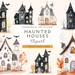 Clipart di case infestate di Halloween / File PNG ad acquerello / Clip art spettrale / Per lavoretti di carta / Decorazioni / Diario di spazzatura / Uso commerciale