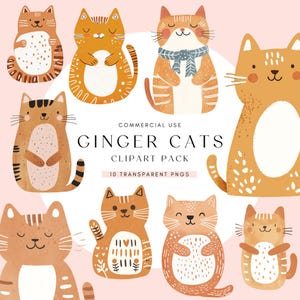 Lot de cliparts chat heureux | Aquarelle mignonne | Chats roux assis | Clipart Dessin Animé | Cadeau pour amoureux des chats | Fantastique | Chat rigolo PNG transparents