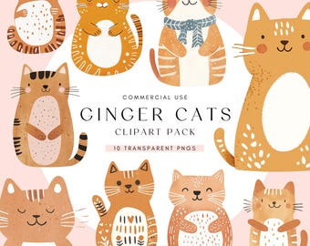 Happy Cat Clipart Bundle | Watercolor Cute | Sitting Ginger Cats | Cartoon Clip Art | Cat Lover Gift | Whimsical | Funny Cat Transparent PNG