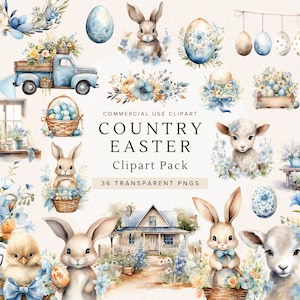 Landhaus Ostern Aquarell Clipart | Osterhase Illustration | Digitaler Download | Babyparty Dekoration | Sofort Download