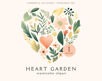 May include: Watercolor clipart of a heart-shaped arrangement of green leaves, pink and yellow flowers, and a single pink heart in the center. The text "HEART GARDEN watercolor clipart" is below the image.
