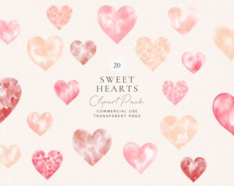 May include: A set of 20 watercolor heart clip art images in various shades of pink and peach. The hearts are in different styles, including solid, patterned, and textured. The text "Sweet Hearts Clipart Pack Commercial Use Transparent PNGs" is displayed on the image.