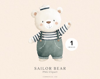 Sailor Teddy Bear Clipart | Cute Nautical PNG | Watercolor Art | Baby Shower Decor | for Kids | Crafting Projects | Digital Download