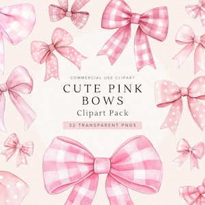Pink Gingham Bow Clipart | Cute Watercolor Bows | Printable PNG | Nursery Designs | Boho Baby Shower | Crafts | DIY Projects | Scrapbook