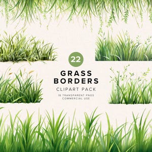 May include: A set of 22 watercolor grass borders clipart. The clipart is perfect for adding a touch of nature to your designs. The clipart is available in PNG format and is perfect for commercial use.