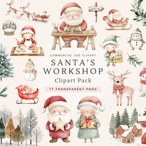 Clipart fofo da Oficina do Papai Noel | Elfos de Natal em aquarela | Materiais para artesanato de Natal | Uso comercial | Gráficos PNG | Inverno encantador