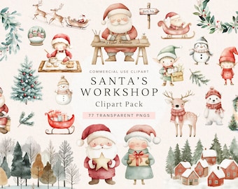 Cute Santa's Workshop Clipart | Watercolor Christmas Elves | Holiday Craft Supplies | Commercial Use | PNG Graphics | Whimsical Winter
