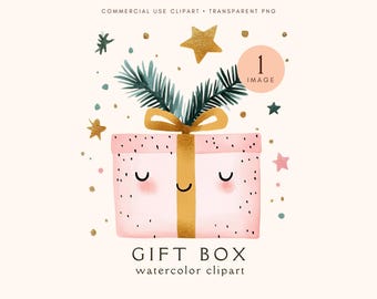 May include: A pink gift box with a gold ribbon and a smiling face. The box is surrounded by gold stars and green pine branches. The text "GIFT BOX watercolor clipart" is below the box.