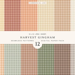 Puede incluir: Un paquete de papel digital con 12 patrones de cuadros vichy sin costuras en colores inspirados en la cosecha, como naranja apagado, verde salvia, marrón y crema. La imagen incluye el texto COMMERCIAL USE, 12 x 12, JPEG, 300DPI, HARVEST GINGHAM, SEAMLESS PATTERNS, DIGITAL PAPER PACK y 12.