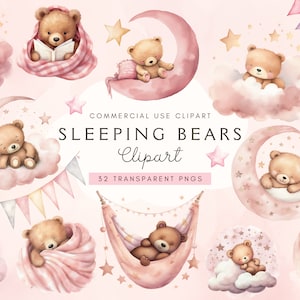 Clipart di orsacchiotti addormentati / Rosa / Orsetto acquerello / Clip art / Invito per baby shower / Orsetto boho in formato PNG / Arte per bambini / Animale carino