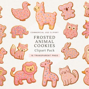 May include: A collection of frosted animal cookies in various shapes, including a bunny, duck, llama, koala, fox, bear, elephant, owl, unicorn, dog, penguin, monkey, lion, giraffe, and cat. Each cookie is pink with colorful sprinkles. The text "FROSTED ANIMAL COOKIES CLIPART PACK" is also present.