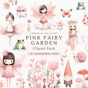 Clipart jardin féerique rose | Graphismes aquarelles de conte de fées | Clipart Il était une fois | Transparents png | Papillon champignon | Enchanté