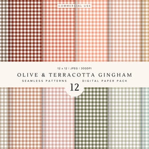 May include: A digital paper pack featuring 12 seamless gingham patterns in olive and terracotta colors. Each 12x12 inch design showcases a classic checkered pattern in various shades, including brown, red, orange, and green. The pack is labeled "OLIVE & TERRACOTTA GINGHAM".