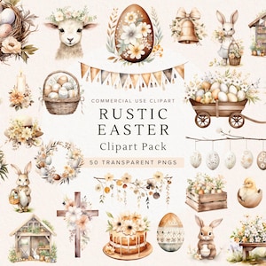 Rustiek Pasen | Paashaas clipart png | Boerderij Pasen | Lenteaquarel | Illustraties mand paaseieren |  Boho Cottagecore | Downloaden