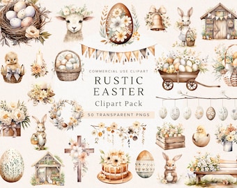 May include: A set of 50 watercolor illustrations featuring rustic Easter elements. The illustrations include bunnies, chicks, eggs, nests, flowers, wreaths, crosses, and more. The illustrations are perfect for creating Easter cards, invitations, and other crafts.