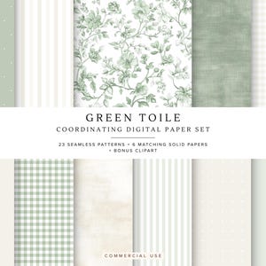May include: A digital paper set featuring various green and white patterns, including polka dots, stripes, floral toile, and gingham. The text "GREEN TOILE" and "COORDINATING DIGITAL PAPER SET" are displayed. Includes 23 seamless patterns, 6 matching solid papers, and bonus clipart.