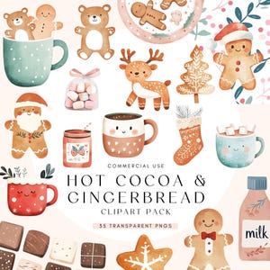 Clipart de chocolate caliente / Lindo hombrecito de jengibre PNG / Clipart de taza de chocolate caliente navideña / Arte invernal acogedor / Descarga digital para scrapbooking