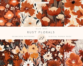Rust Floral Seamless Pattern | In Rust | Pattern For Fabric | Retro Flowers Beige Flower Design | Digital Pattern Repeating | Commercial Use