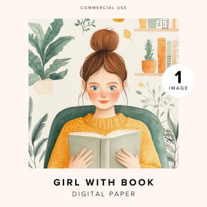 Woman Reading a Book | Girl Reading Clipart | Digital Paper for Scrapbooking | Cozy Aesthetic Design | Bookworm Art | Book Lover | Self Care