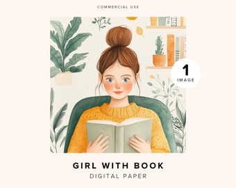 Woman Reading a Book | Girl Reading Clipart | Digital Paper for Scrapbooking | Cozy Aesthetic Design | Bookworm Art | Book Lover | Self Care