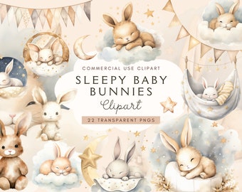 Sleeping Baby Bunnies Clipart | Cute Watercolor Bunny Png | Boho Bunny Clip Art | Nursery Graphics | Baby Shower | Sweet Dreams | Rabbit