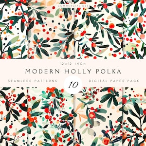Modern Christmas Holly Berries | Seamless Background Pattern Pack | Repeating | Cute Winter Foliage, Digital Paper, Crafting, Commercial Use