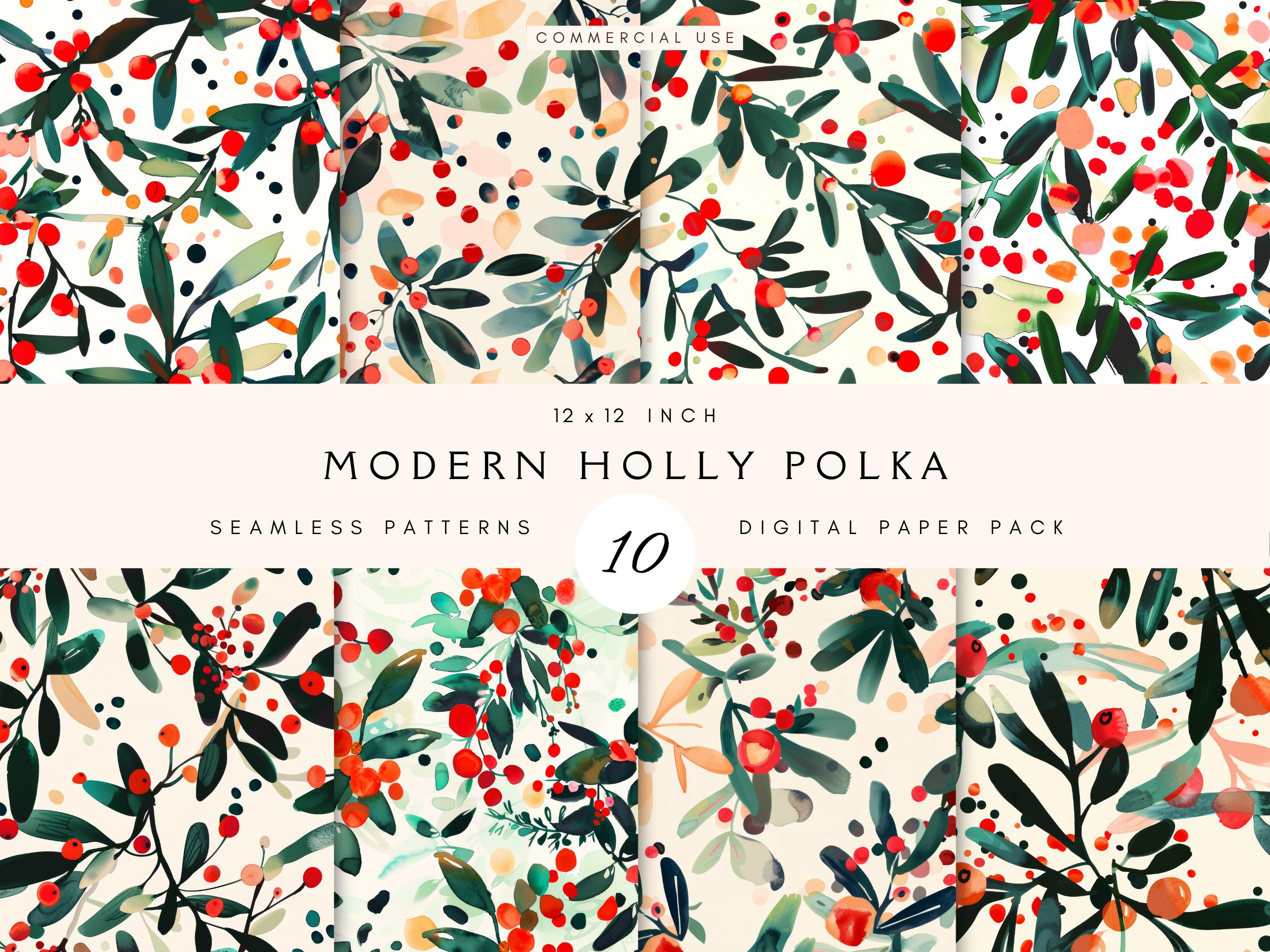 Modern Christmas Holly Berries | Seamless Background Pattern Pack | Repeating | Cute Winter Foliage, Digital Paper, Crafting, Commercial Use