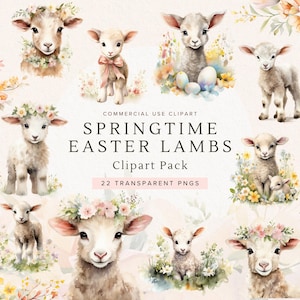 Ostern Lamm Clipart | Aquarell Frühlingsblumen | Ostern Png | Süßes Lamm | Junk Journal | Lamm Clip Art | Grafiken | Papierkunst