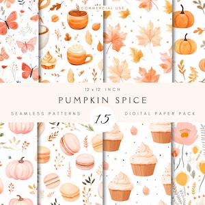 Pumpkin Spice Latte Seamless Pattern | Watercolor | Cute Fall Leaves | Textile Design | Autumn Digital Paper | Scrapbooking | Thanksgiving