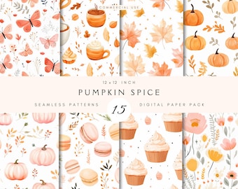Nahtloses Muster „Pumpkin Spice Latte“ | Aquarell | Niedliche Herbstblätter | Textildesign | Digitales Herbstpapier | Scrapbooking | Erntedankfest