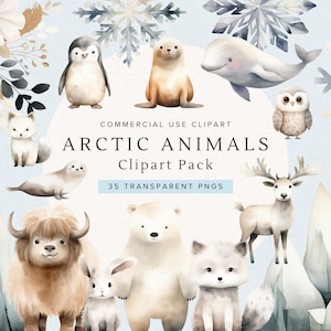 Animais fofos do Ártico | Aquarela aconchegante de inverno | Decoração de berçário | Urso polar excêntrico | Raposa | Pinguim | Uso comercial | Arte natalina