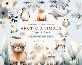 Cute Arctic Animals Clipart | Watercolor Cozy Winter | Nursery Decor | Whimsical Polar Bear | Fox | Penguin | Commercial Use | Holiday Art