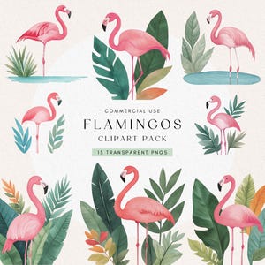 Tropical Flamingo Watercolor Clipart | Summer Party Graphics | Watercolor Bundle | Tropical | Cute Pink Flamingo PNG | Digital Download