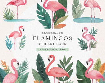 Tropical Flamingo Watercolor Clipart | Summer Party Graphics | Watercolor Bundle | Tropical | Cute Pink Flamingo PNG | Digital Download