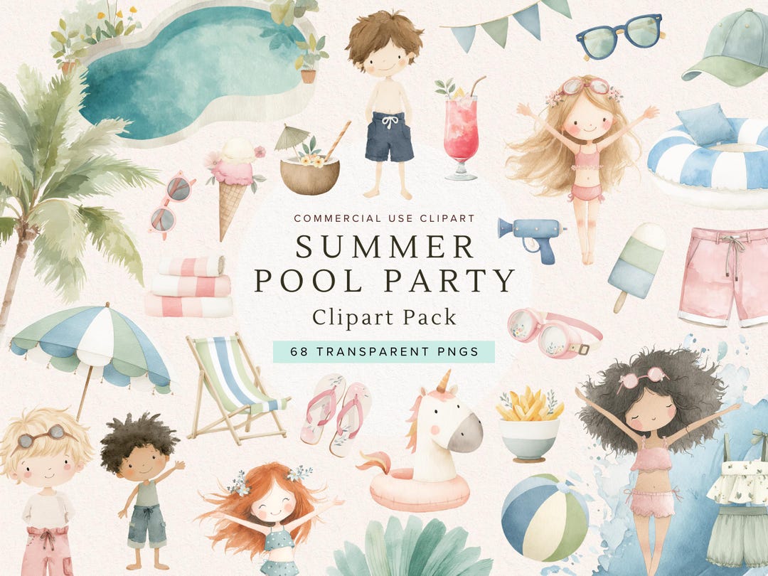 Pool Party Clipart Pastel | Cute Summer Graphics | Beach Fun | Tropical ...