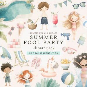 Pool Party Clipart Pastel | Cute Summer Graphics | Beach Fun | Tropical Elements | Birthday Party Invitation PNG, For Kids, Instant Download