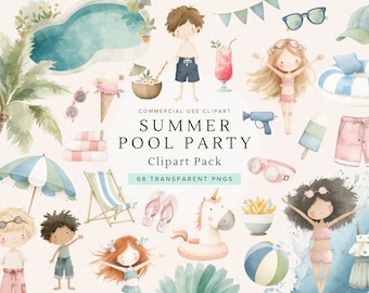 Clipart pastel pour fête à la piscine | Graphismes estivaux mignons | Plaisirs de plage | Éléments tropicaux | Invitation à une fête d'anniversaire (PNG), pour enfants, téléchargement instantané