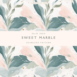 May include: A seamless pattern design featuring watercolor-style abstract shapes in shades of pink, teal, and green, with gold accents. The design includes leafy botanical elements. The text "SWEET MARBLE" and "12 x 12 INCH" are also visible.