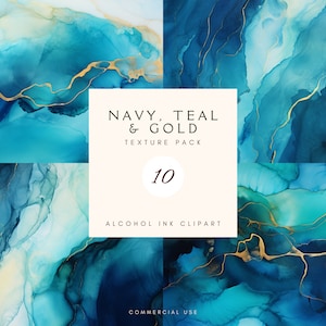 May include: A digital clip art pack of 10 abstract alcohol ink textures in navy, teal, and gold colors. The pack is for commercial use.