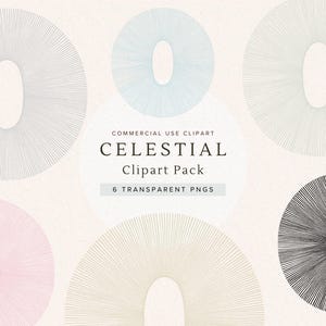 May include: A digital clipart pack labelled "Celestial" with six transparent PNGs. The design features circular shapes with radiating lines in various colours, including grey, blue, pink, and black, with a central oval.