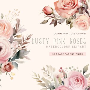 Dusty Pink Rose Watercolor Clipart | Invite Wedding | Dusty Pink Floral Bouquet | Floral Wreath Png | Flowers Clip Art | Commercial Use